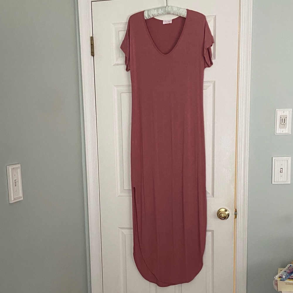 Pink Lily Dusty Rose V-Neck Short Sleeve Maxi Dress